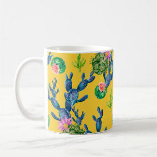 Watercolor hand drawn illustration with cactus and coffee mug