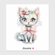 Watercolor Hand Drawn Kitty With Two Pink Bows