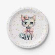 Watercolor Hand Drawn Kitty With Two Pink Bows