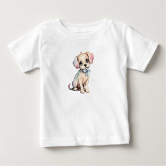 Watercolor Hand Drawn Puppy With Powder Blue Bow Baby T-Shirt