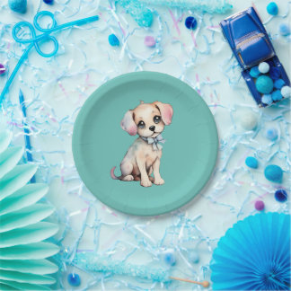 Watercolor Hand Drawn Puppy With Powder Blue Bow Paper Plate