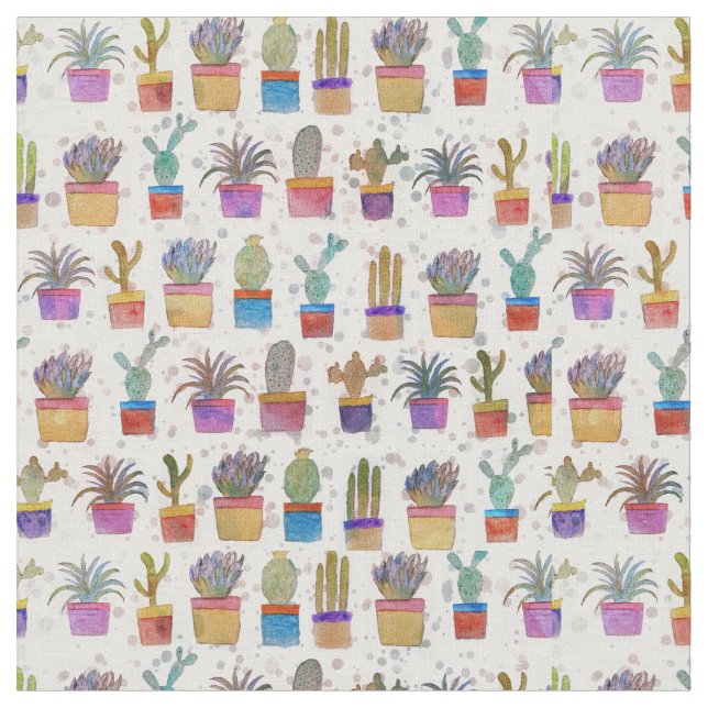Watercolor hand paint cactus pattern fabric (Close Up)