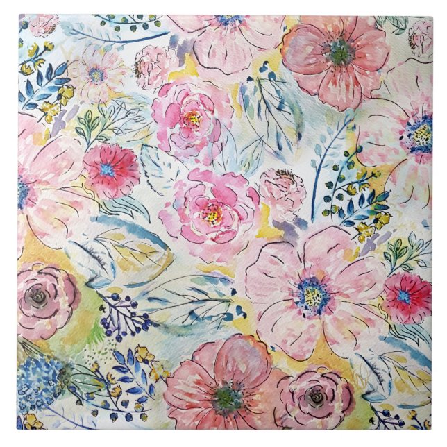 Watercolor hand paint floral design tile (Front)