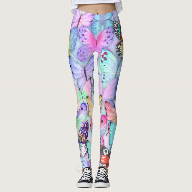 Watercolor hand painted Butterflies purple pattern Leggings (Front)