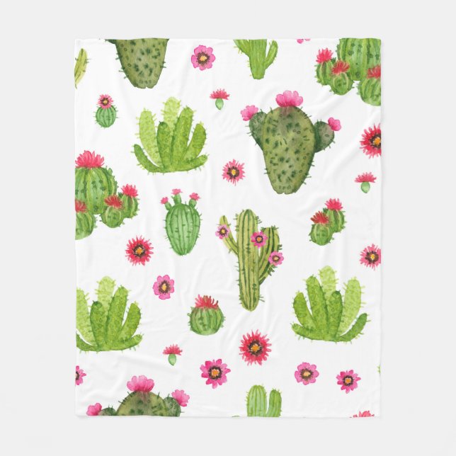 Watercolor hand painted cactus seamless pattern fleece blanket (Front)