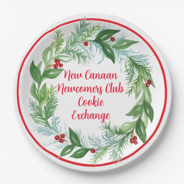 Watercolor Hand painted Christmas Holiday Wreath Paper Plate (Front)