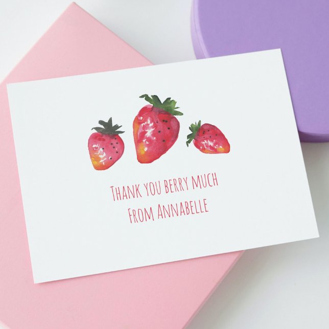 Watercolor Hand-Painted Strawberries Spring Berry Thank You Card (These personalized strawberry thank you cards are hand-illustrated and unique in the world.)