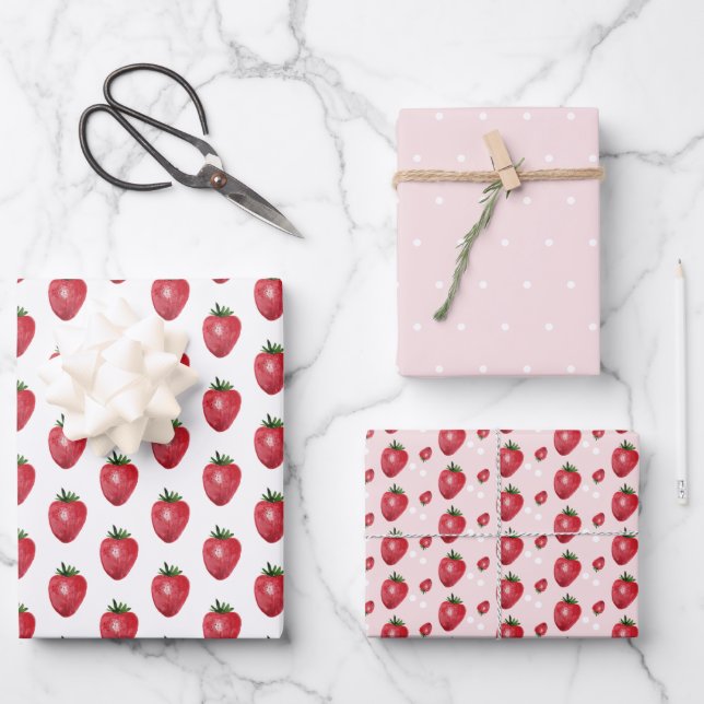 Watercolor Hand-painted Strawberries Wrapping Paper Sheet (Front)