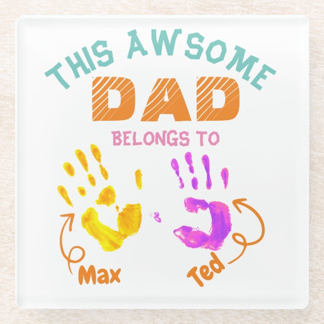 Watercolor Handprinted Father Dad Son Child Gift Glass Coaster (Front)
