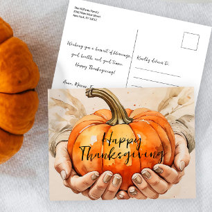 Watercolor Hands Holding a Pumpkin Thanksgiving Postcard