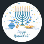 Watercolor Hanukkah Holiday Classic Round Sticker<br><div class="desc">A Hanukkah scene with a menorah,  sufganiyot (doughnuts),  dreidels,  and olive branches is rendered in a watercolor effect on this Chanukah sticker. Use as thank you stickers,  on Chanukah gifts,  or on holiday favours. Available with matching products.</div>