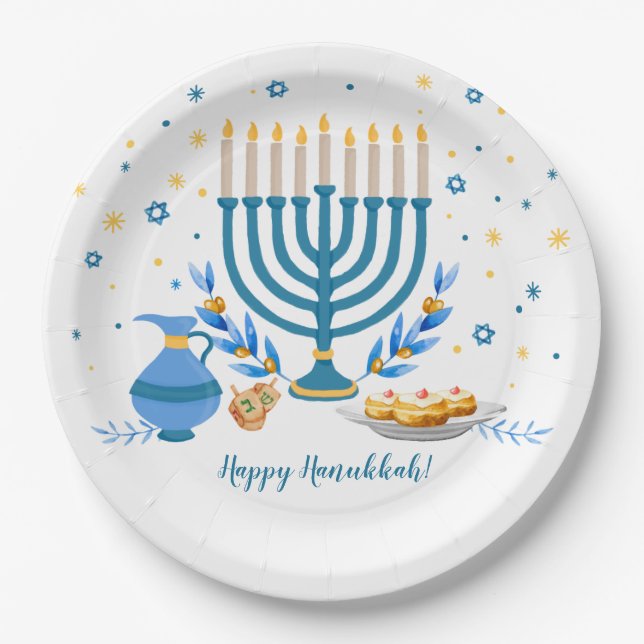 Watercolor Hanukkah Holiday Paper Plate (Front)