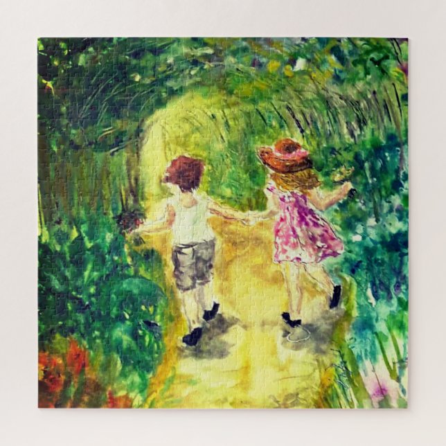 Watercolor - Happiness - Cute Little Girl and Boy Jigsaw Puzzle (Vertical)