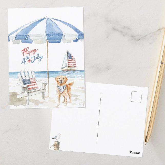 Watercolor Happy 4th of July Beach Patriotic Dog  Postcard (Creator Uploaded)