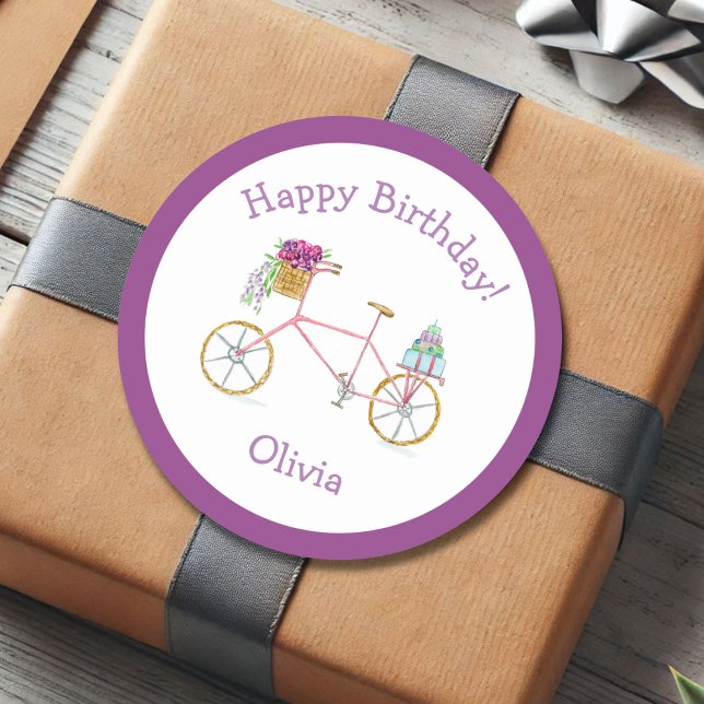 Watercolor Happy Birthday Bicycle  Classic Round Sticker (Creator Uploaded)