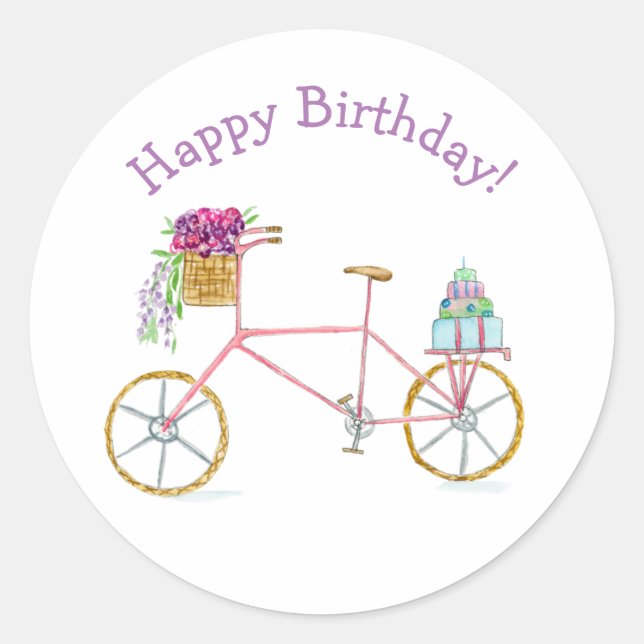 Watercolor Happy Birthday Bicycle  Classic Round Sticker (Front)
