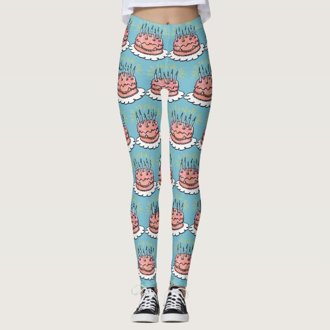 Watercolor Happy Birthday Pink Cake Celebration Leggings (Front)