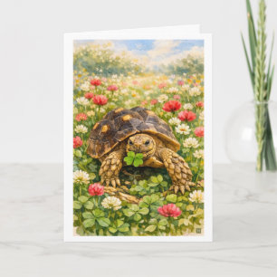 Watercolor Happy Birthday Turtle with lucky clover Card