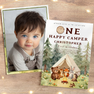 Watercolor Happy Camper 1st Birthday Photo Invitation