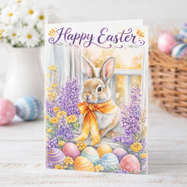 Watercolor Happy Easter Bunny Card | Soft Floral (Creator Uploaded)