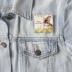 Watercolor Happy Easter Day Floral Bunny with Bow 15 Cm Square Badge