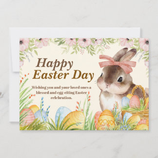 Watercolor Happy Easter Day Floral Bunny with Bow Holiday Card