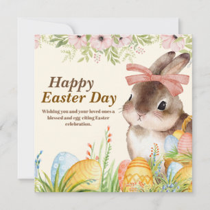 Watercolor Happy Easter Day Floral Bunny with Bow Holiday Card