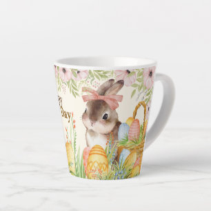 Watercolor Happy Easter Day Floral Bunny with Bow Latte Mug
