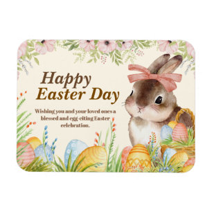 Watercolor Happy Easter Day Floral Bunny with Bow Magnet