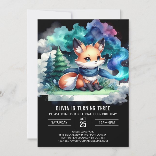 Watercolor Happy Fox Birthday digital Invitation (Front)