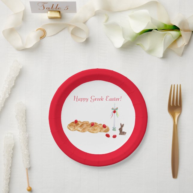 Watercolor Happy Greek Easter Bread With Bunny Paper Plate (Wedding)