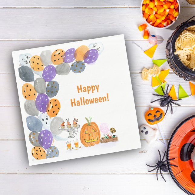 Watercolor Happy Halloween Costume Party Napkin (A cute Halloween Watercolor party design for your Halloween party. Great for School Parties too!)