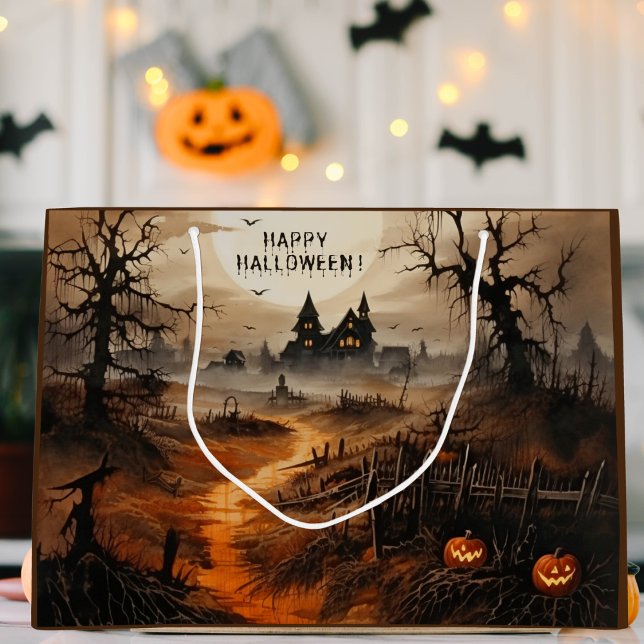 Watercolor Happy Halloween Haunted House Large Gift Bag (Creator Uploaded)