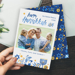 Watercolor Happy Hanukkah Peace Love Latkes Photo Holiday Card