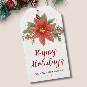 Watercolor Happy Holidays Christmas Poinsettia Gift Tags