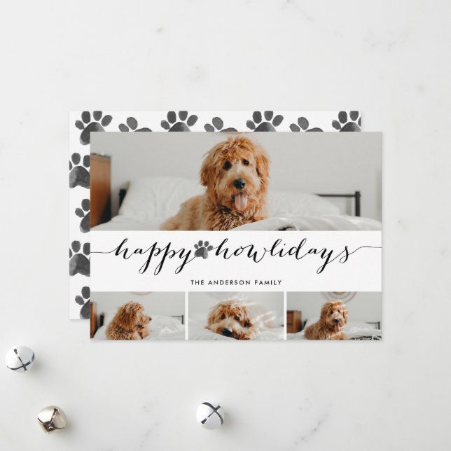Watercolor Happy Howlidays 4 Photo Pet Collage  Holiday Card (Front/Back In Situ)