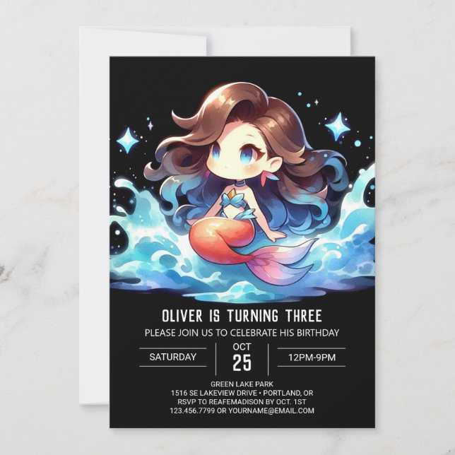 Watercolor Happy Mermaid Birthday Invitation (Front)