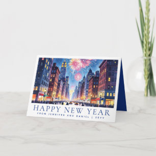 Watercolor Happy New Year New York City Fireworks Holiday Card