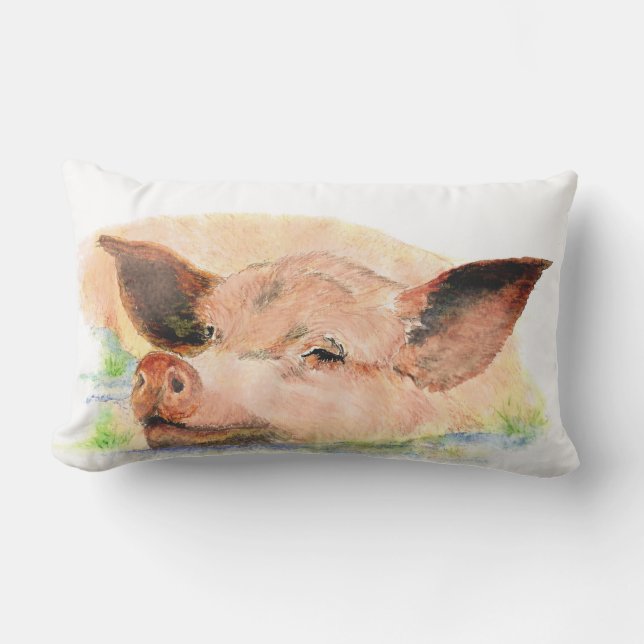 Watercolor Happy Sleeping Pig Farm Animal art Lumbar Cushion (Front)