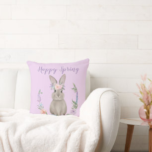 Watercolor Happy Spring Bunny Rabbit and Flowers Cushion