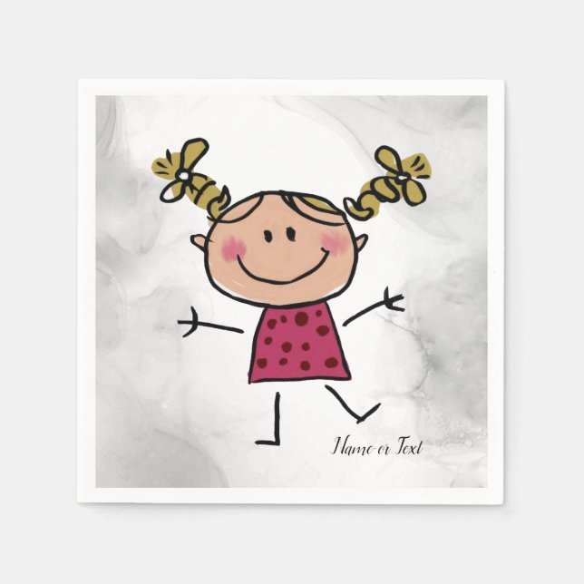 Watercolor Happy Stick Girl Pink Dress Elegant Napkin (Front)