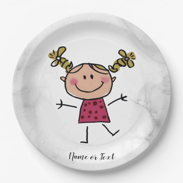 Watercolor Happy Stick Girl Pink Dress Elegant Paper Plate (Front)
