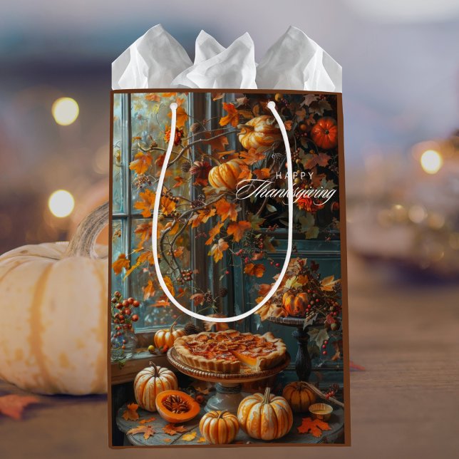 Watercolor Happy Thanksgiving Autumn Leaves Medium Gift Bag (Creator Uploaded)