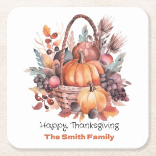 Watercolor Happy Thanksgiving Family Name Square Paper Coaster