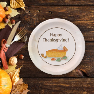 Watercolor Happy Thanksgiving Pumpkin Pie Paper Plate