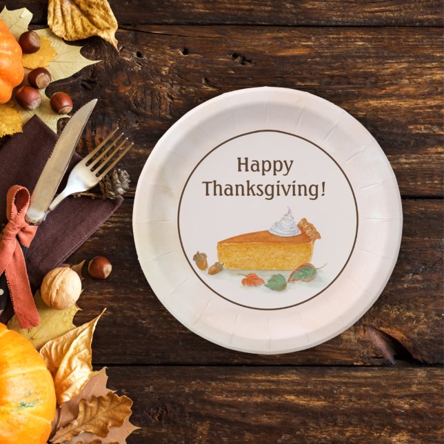 Watercolor Happy Thanksgiving Pumpkin Pie Paper Plate (Creator Uploaded)