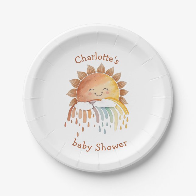 Watercolor Happy Yellow Sunshine Baby Shower Paper Plate (Front)