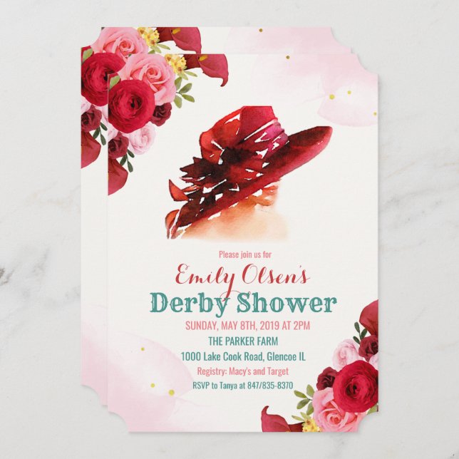 Watercolor Hat Floral Derby Shower Invitation (Front/Back)