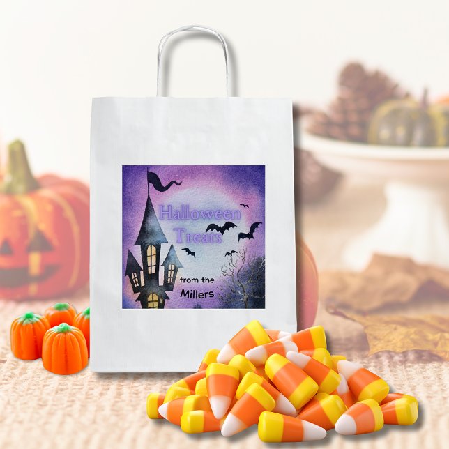 Watercolor Haunted House Halloween Treat Bag Square Sticker (Sticker for Halloween treat bags)