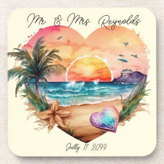 Watercolor Hawaii Beach Sunset Heart Wedding Coaster